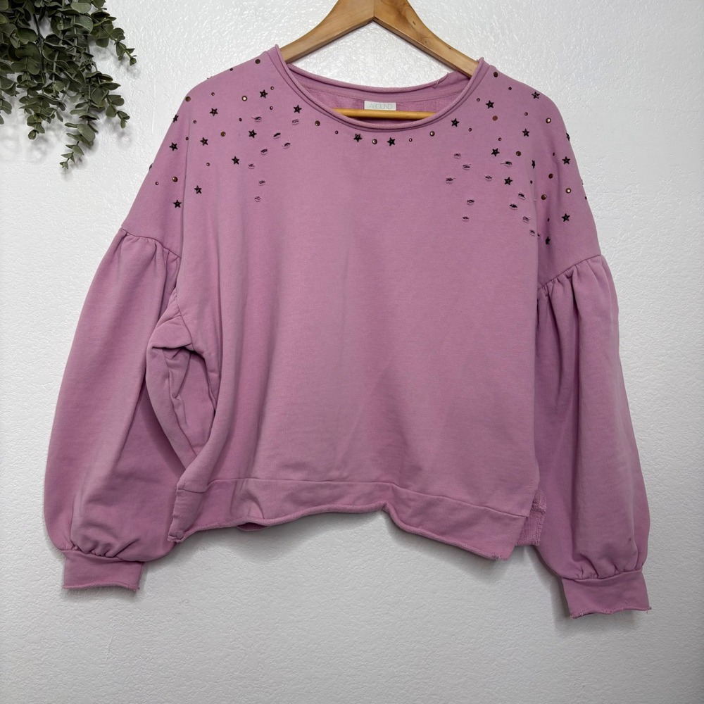 Abound Womens Purple Star Studded Puff Sleeve Distressed Cotton Sweatshirt M - Picture 2 of 7